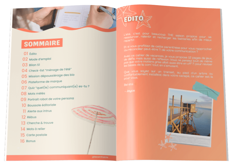 Cahier de vacances ouvert La com' fraîche